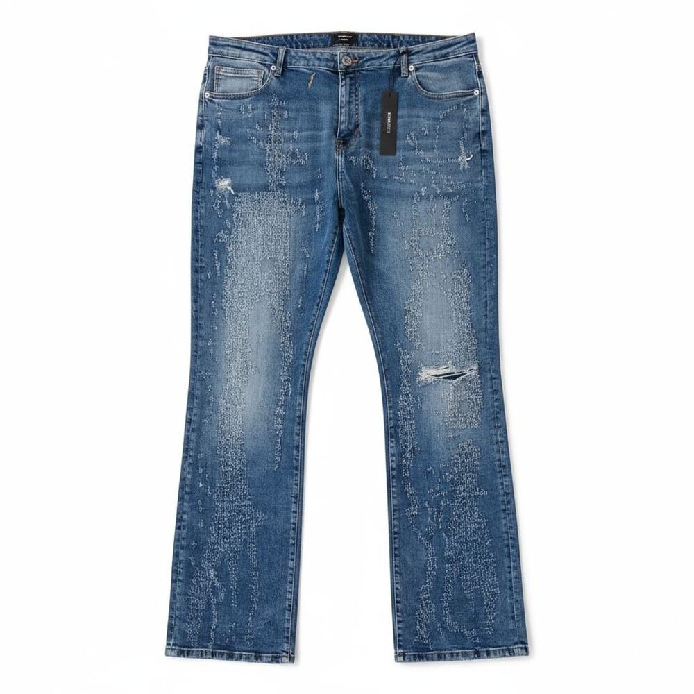 NEW Nova Men's Blue Jeans 42 Switch Up The Flow Stacked Slim Fade Distress